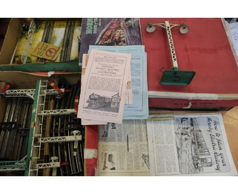 Hornby Series, No 2 signal gantry, No E2 level crossing (boxed, boxes af) three rail track and twin lamp standard, brochures,