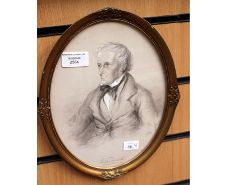An oval pencil portrait of The Earl of Warwick, interlaced 'L.B' monogram, dated 1853, framed, 23cm by 18cm