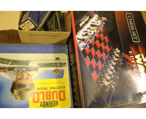 A boxed Hornby Dublo electric train EDG17 0-6-2 tank goods train BR, with a boxed Star Wars Episode 1, chess set, Meccano Tra