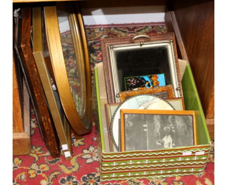 A 1920s oak framed wall mirror, an oval gilt framed wall mirror, a tapestry picture, a wooden wall plaque of a boat named 'Gr