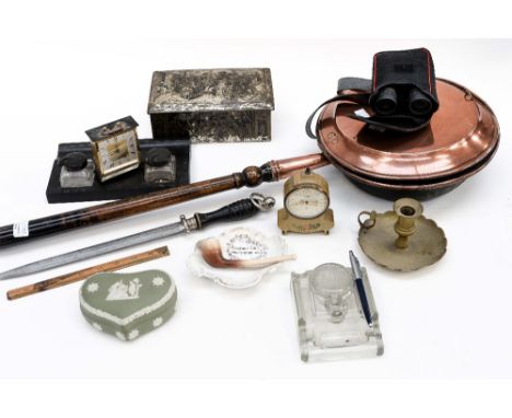 Two various desk/inkwells, pipe tray, clock, knife, steel ruler, tin of buttons, to include binoculars. warming pan etc 