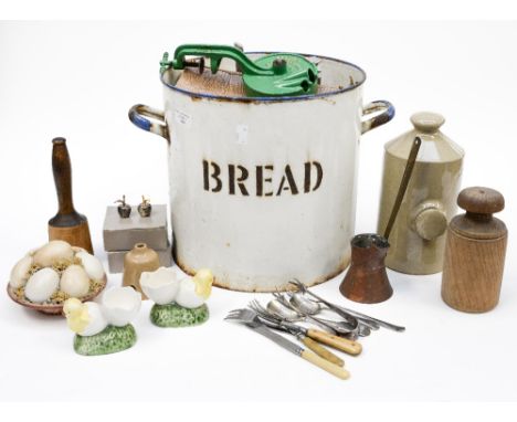 Kitchenalia and related items to include cruets, etc in enamel bread bin 