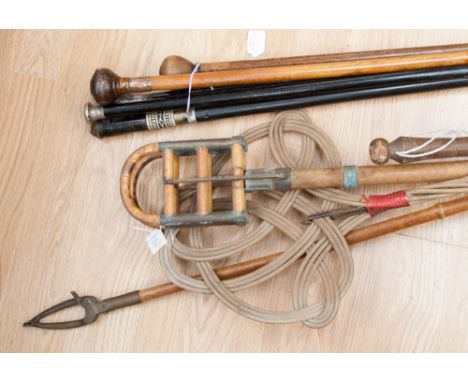 A collection of sticks including shooting stick, silver topped canes, library book picker 