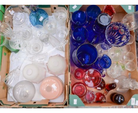 Two boxes of assorted glassware including coloured drinking glasses, jugs, light shades etc (two boxes) 
