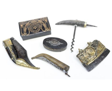An Eastern pen knife with horn handle together with another, a corkscrew, another Far Eastern purse, a George III oval patch 