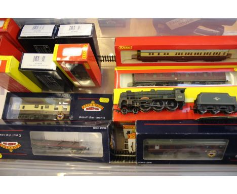 Bachmann/Hornby boxed wagons and coaches (14) and a quantity of track 