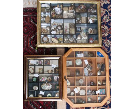 Three display cases, containing a good collection of patch boxes including white metal, cloisone etc.,