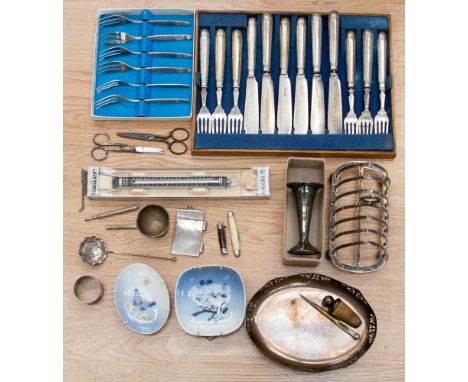 EPNS cutlery, plated toast rack etc (one bag) to include scales 