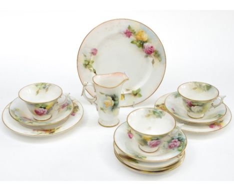 A Royal Worcester rose painted part tea set, some marked for James Hadley, including three cups, saucers, plates, etc (13) 