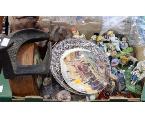 A box of Leonardo collection figures, with two hardwood carved elephants, a Smiths mantle clock, a cobbler's last etc (one bo