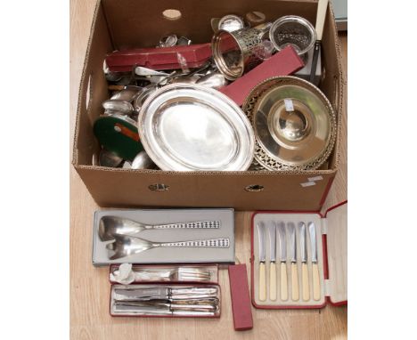 A box of silver plate including flatware, dishes, cruets etc 