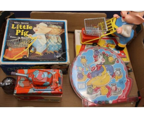 Six vintage toys: TPS Japan Busy Mouse, boxed, tinplate clockwork Bird, Little Pig boxed, Golf Ball cigarette lighter, tinpla