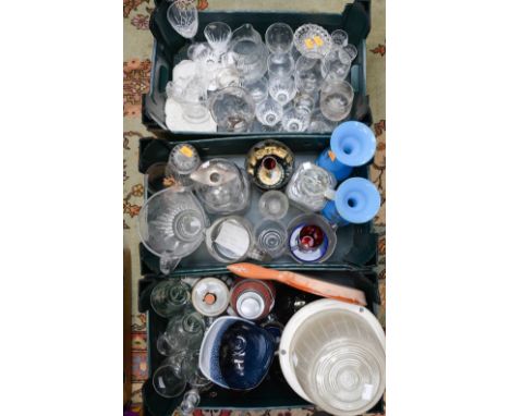 Three boxes of assorted 19th Century and later glassware, including silver collared decanter, decanter with metal mount and k