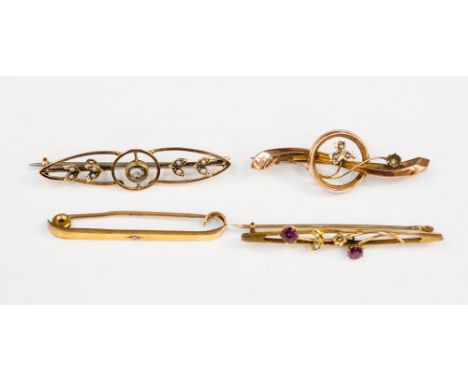 Victorian and Edwardian bar brooches. Seed pearl and coloured stone settings and diamond (4)