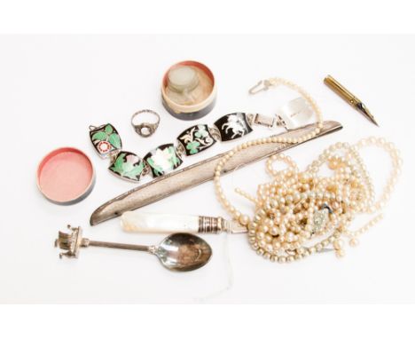 Silver comb casing and EPNS spoon and bread fork etc, a silver and enamel bracelet, silver ring (af)  