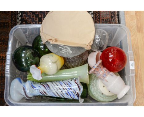 A box of assorted glassware, including a Victorian cut glass decanter, a coloured glass vase, glass spheres, pressed glass, v