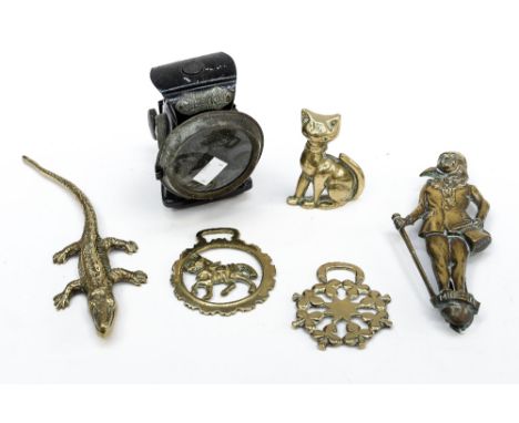A bicycle lamp - Lucas silver king together with a Mr Micawber door knocker and other brass (6) 