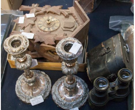 A collection of items, comprising: cuckoo clock; a pair of early 19th Century Sheffield plate candlesticks; a small Borwicks 