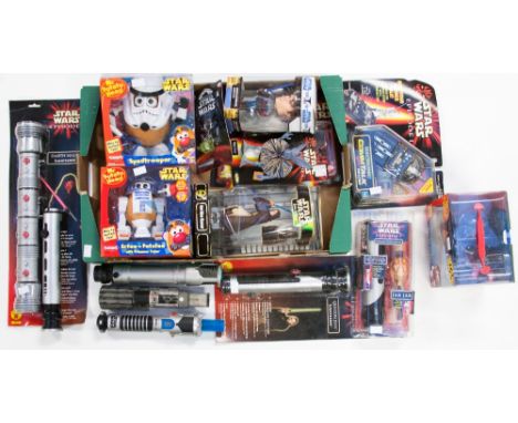 Star Wars collectables including several light sabres and Mr Potato Head figures, etc, mostly boxed 