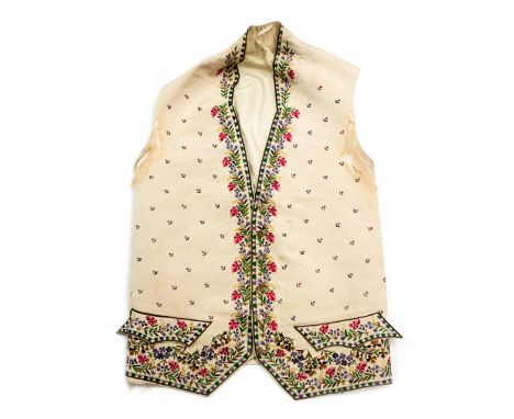 A cream silk men's waistcoat, embroidered in pinks, greens, browns and purple silk floss, illustrating flowers and leaves, de