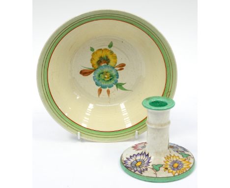 A Clarice Cliff, Wilkinson bowl and Charlotte Rhead TL 37 Bursley Ware candlestick (2)
