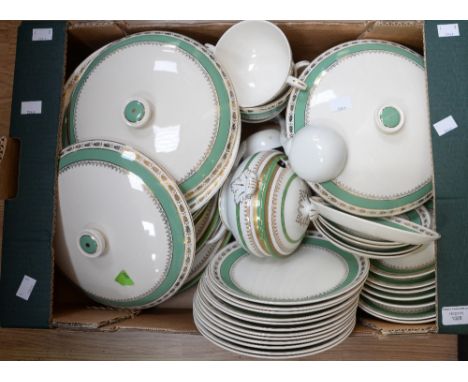 A Crown Ducal green band dinner set, comprising tureens, side plates, soup bowls and saucers, ladle etc 