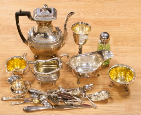 A collection of silver plate, including coffee pot, flatware, milk jugs, sauce boat etc 