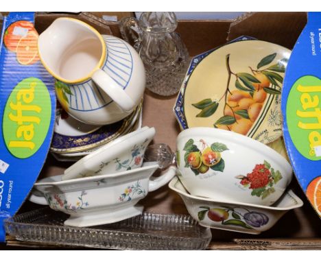 A box of ceramics and glassware, including Spode, Portmeirion, claret jug and glass tray etc