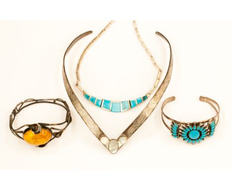 A silver mother of pearl 'solid' collarette, a silver amber set bangle and a silver turquoise set bangle and bangle and neckl