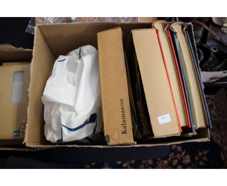 A box containing four albums - three sparsely filled, one ok, plus a bag of kiloware and miscellaneous items including GVI Co