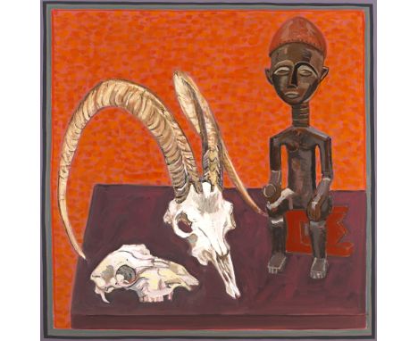 Brian Bourke HRHA (b.1936) SHEEP SKULL, GOAT SKULL, AFRICAN CARVING oil on canvas signed and titled on reverse 39 x 39in. (99