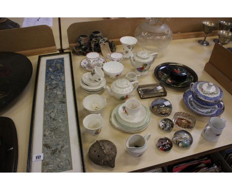 A mixed lot to include decorative china, an Oriental panel, miniature character jugs etc 