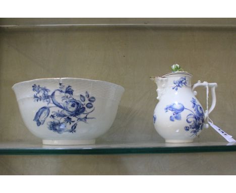 A Meissen part tea and coffee service, mid 18th Century, painted with blue flowers within ozier-moulded borders, comprising; 