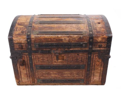 A metal bound trunk with domed lid 91cm wide 