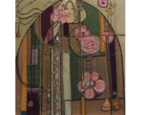 After Frances and Margaret Macdonald (Mackintosh), a woolwork and applique panel, of a maiden with flowers, mid 20th century,