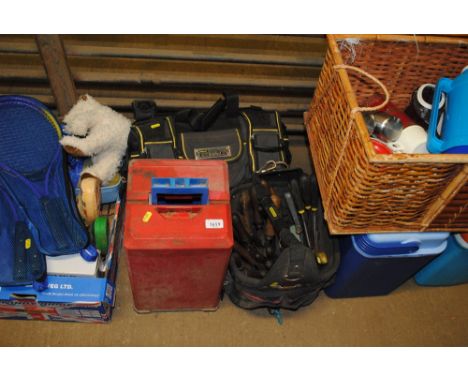 A Stanley Fatmax XL tool bag, another Stanley tool bag and tool box containing various hand tools, mainly files