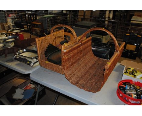 Two wicker log carriers and a wicker trug in the form of a duck