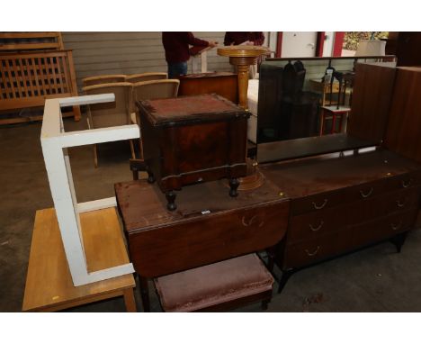 A mahogany Pembroke table, a foot stool, commode and plant stand