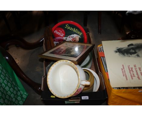 A box containing pottery jardini&egrave;re; chamber pots; a barometer; Coca-Cola tray; an antique print etc.