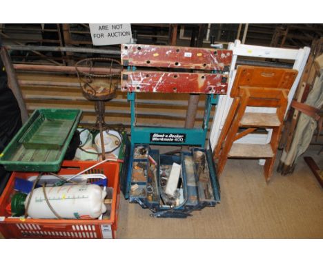 A Black & Decker workmate and a cantilever tool box with contents of various hand tools
