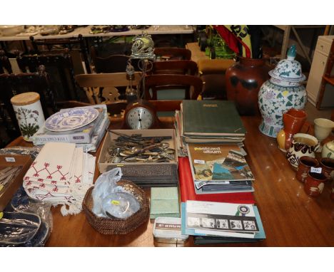 A collection of miscellaneous post-cards; First Day covers; music; a quantity of vintage cutlery; carved hardwood Eastern box
