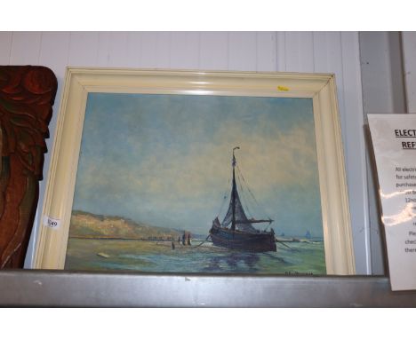 R. Fitzverploech, oil on canvas study of a boat at anchor 