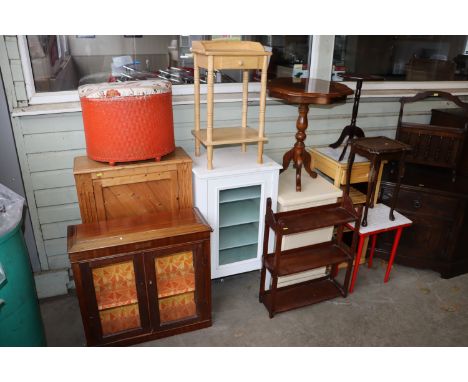 A pine side cupboard, a mahogany and glazed wall cabinet, a Loom linen box, side table fitted single drawer, a white painted 
