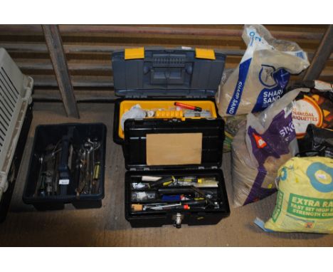 Two plastic tool boxes and contents of various hand tools