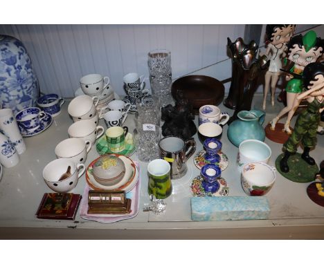 A collection of miscellaneous china and glass ware to include a pair of Maling Ware dwarf candlesticks, two carnival glass va