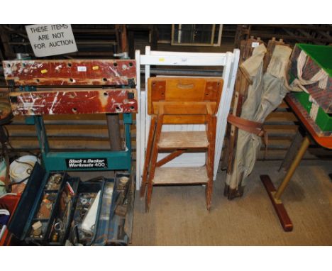 A step stools and two white painted folding chairs