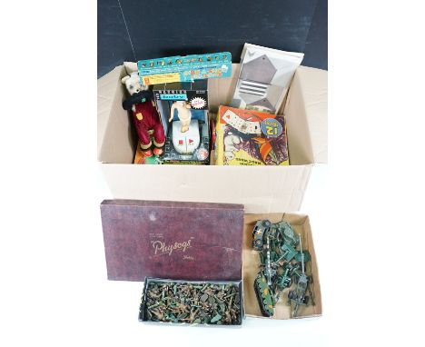 Collection of mixed toys and games to include quantity of Britains plastic military soldier figures, quantity of military die