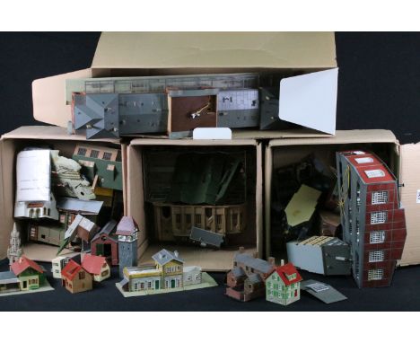 Large quantity of built HO / OO gauge plastic trackside buildings featuring large Vollmer Baden Baden station, plus card exam