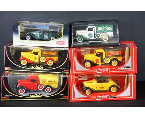 Six boxed / cased 1/18 diecast models to include Kyosho No. 08111G Morgan 4/4 Series II (Green), 2 x Solido Coca Cola models 