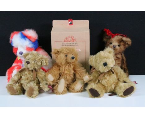 Five teddy bears to include Charlie Bears featuring CB125092A Brit, boxed Steiff ltd edn 660757 Theodore exclusively for QVC 